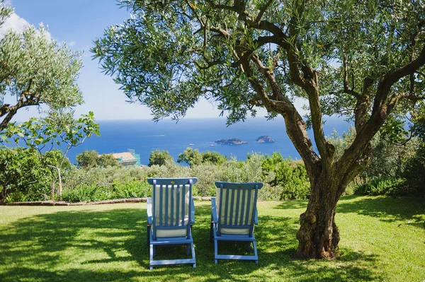 Wakacje na wybrzeżu Amalfi - dwa leżaki pod drzewo, błękitne morze i widokiem na wyspę Li Galli, Włochy — Zdjęcie stockowe