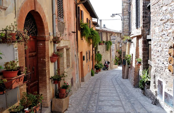 Ruelle historique médiévale italienne traditionnelle de la belle petite ville de Spello — Photo