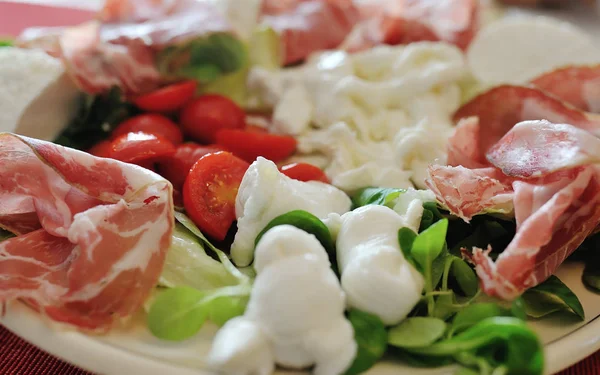 Mozzarella cheese, tomatoes, ham and salad in a plate — Stock Photo, Image