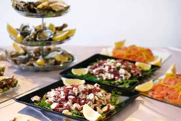 Octopus salad, on background oysters and salmon — Stock Photo, Image