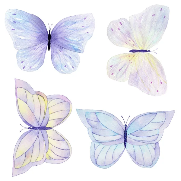 Acuarela mariposa conjunto dibujado a mano pintura. Se puede utilizar para tarjetas, invitaciones de boda, logotipo, impresión en tela . — Foto de Stock