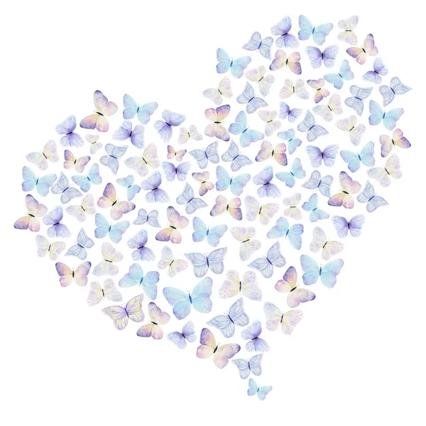O coração desenhado à mão aquarela de borboletas em um fundo branco. Ideal para cartões de felicitações e amor, casamento, embalagem . — Fotografia de Stock