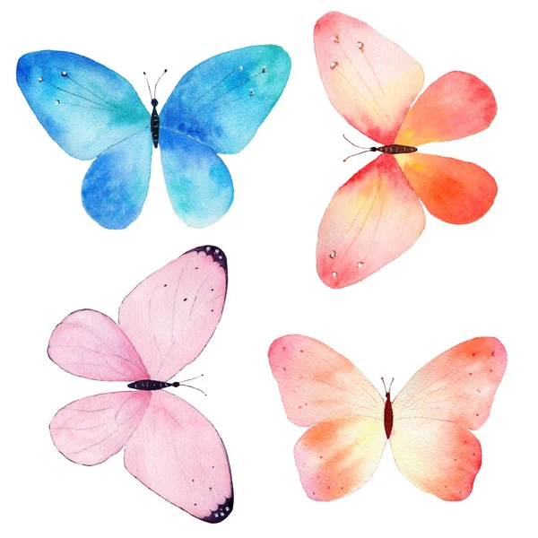 Akwarela ręcznie malowane zbiór kolorowe motyle na białym tle. — Zdjęcie stockowe