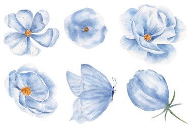 Mavi kelebek ve çiçekler suluboya raster illüstrasyon seti