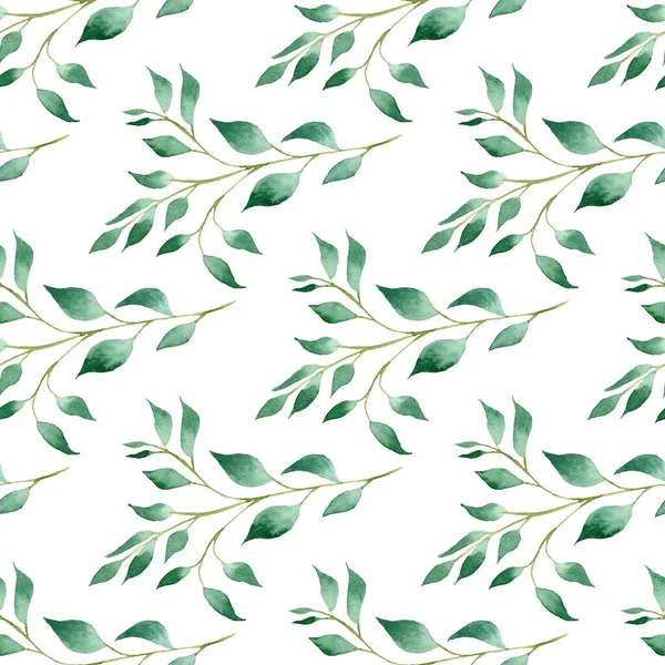 Green tree branches watercolor hand drawn raster seamless pattern