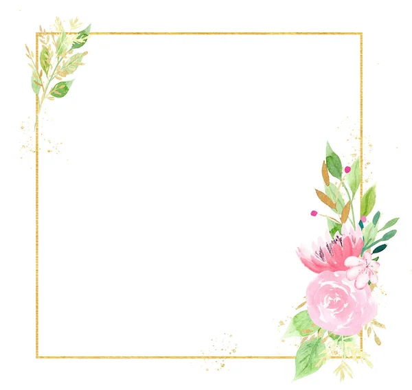 Vackra rosa blommor och blad akvarell hand dras raster ram — Stockfoto