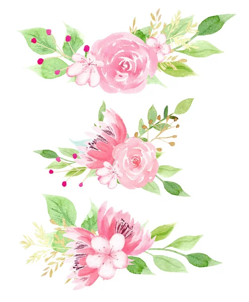 Szép virágok lombozat akvarell raszter illusztráció készlet — Stock Fotó