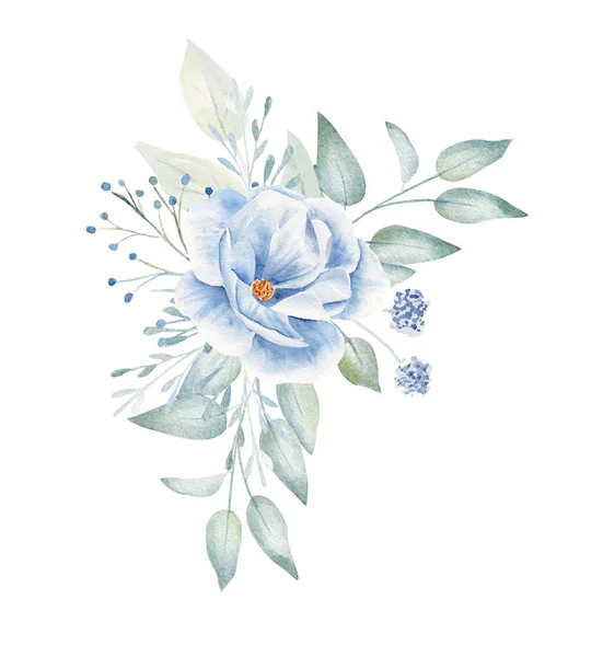 Kék virágok és levelek kézzel rajzolt illusztráció — Stock Fotó