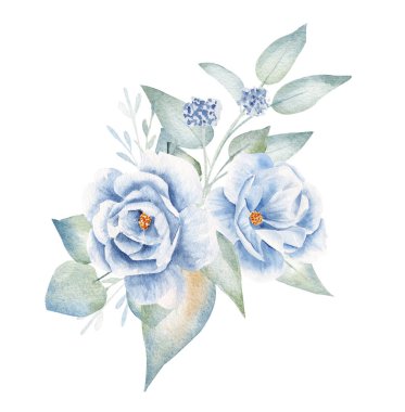 Çiçekler ve yapraklarla çizilmiş mavi düğme deliği