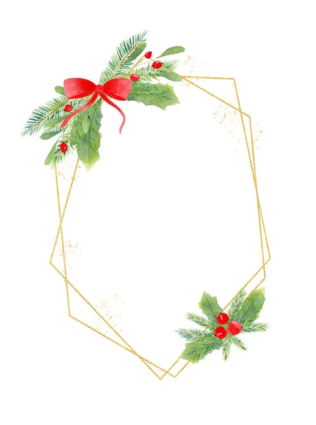 Golden polygonal christmas frame with botanical elements — Stock Photo, Image