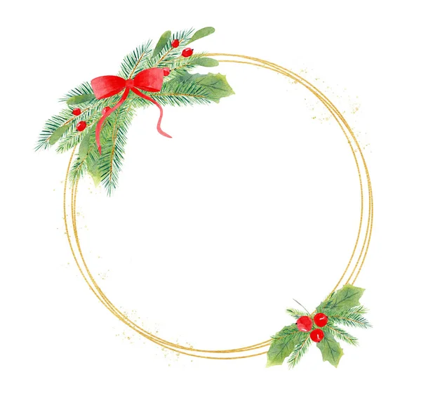 Golder rotondo Natale cornice disegnato a mano acquerello illustrazione — Foto Stock