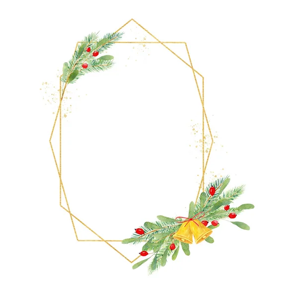 Polygonal christmas frame with watercolor botanical decorations — Stock Photo, Image