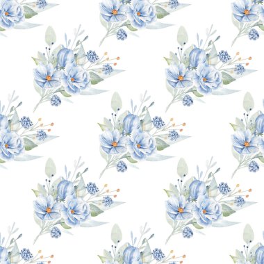 Mavi gül yaka çiçekleri elle çizilmiş suluboya desenli.