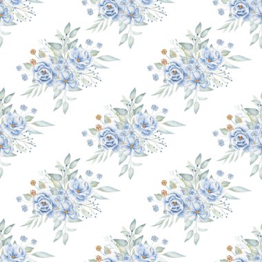 Mavi güller ve yonca çiçekleri elle çizilmiş sulu boya desenleri