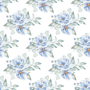 Mavi güller, suluboya el, pürüzsüz desen çizimi.