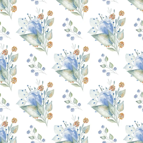 Flores y hojas azules dibujadas a mano acuarela patrón sin costura — Foto de Stock