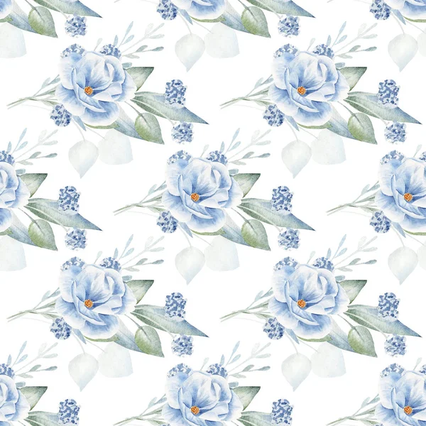 Niebieska róża kwiaty ręcznie rysowane akwarela bezszwowy wzór — Zdjęcie stockowe