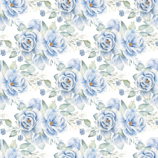 Rosas azules flor acuarela dibujado a mano patrón sin costura — Foto de Stock