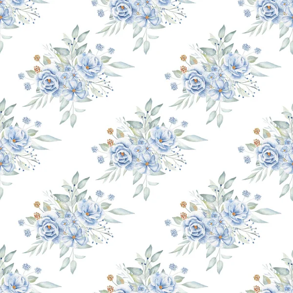 Blue roses and clover flowers bouquets hand drawn watercolor seamless pattern — Stock Photo, Image