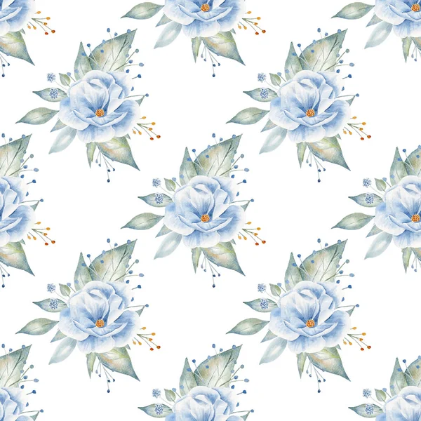 Rosas azules dibujado a mano acuarela patrón sin costura — Foto de Stock