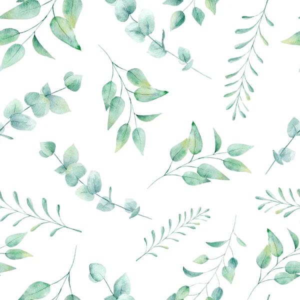 Gröna kvistar med blad handritade sömlös mönster illustration — Stockfoto