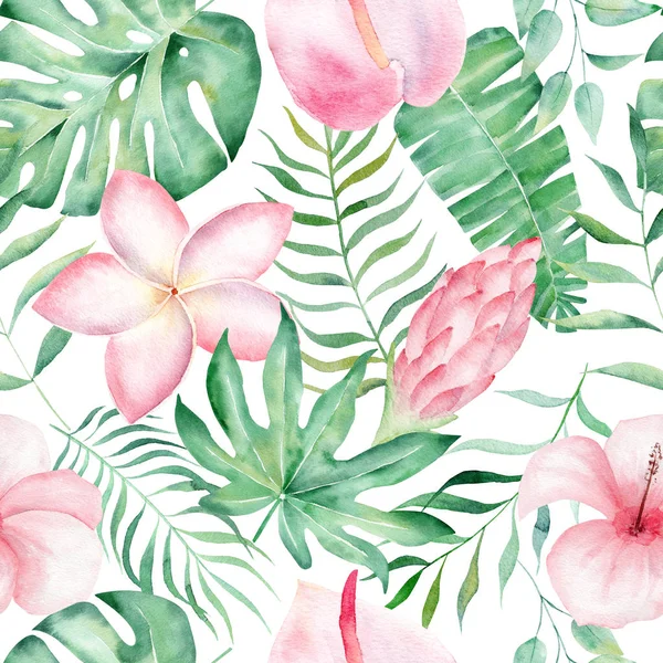 Tropical plants leaves and flowers hand drawn seamless pattern illustration — 스톡 사진