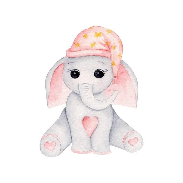 Carino piccolo elefante bambino in berretto addormentato acquerello disegnato a mano illustrazione — Foto Stock