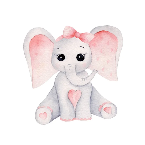 Bonito bebê menina elefante mão desenhado aquarela ilustrações conjunto — Fotografia de Stock