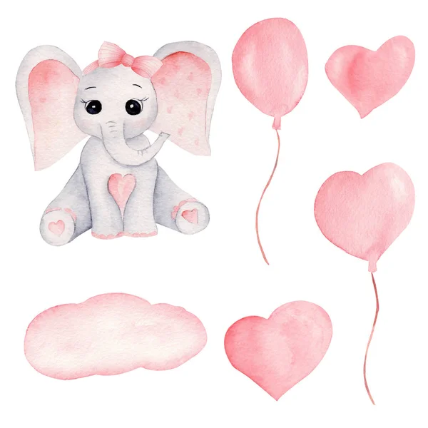 Bebê elefante e balões rosa desenhado à mão ilustrações aquarela conjunto — Fotografia de Stock