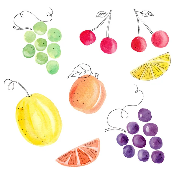 Mão desenhado frutas coloridas aquarela ilustrações conjunto — Fotografia de Stock