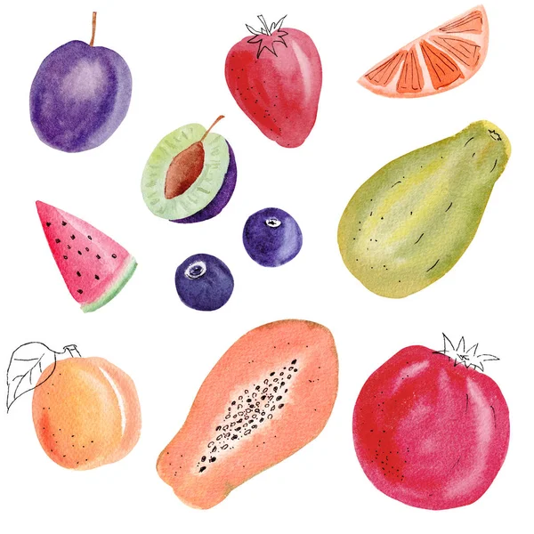Dibujado a mano coloridas frutas acuarela ilustraciones conjunto —  Fotos de Stock