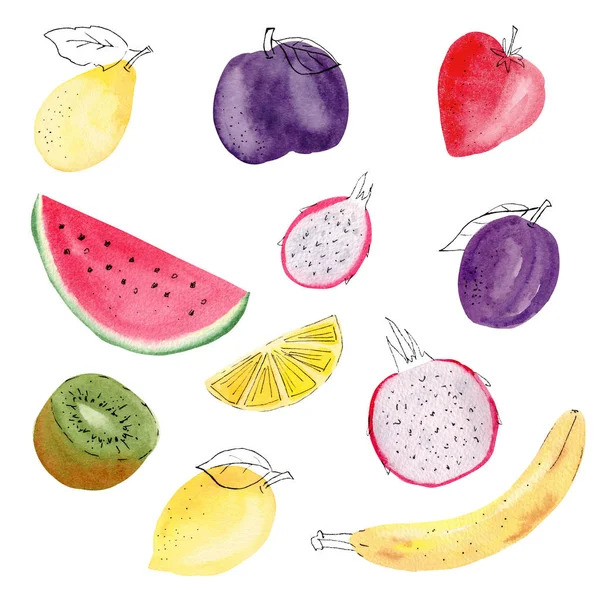 Dibujado a mano coloridas frutas acuarela ilustraciones conjunto — Foto de Stock
