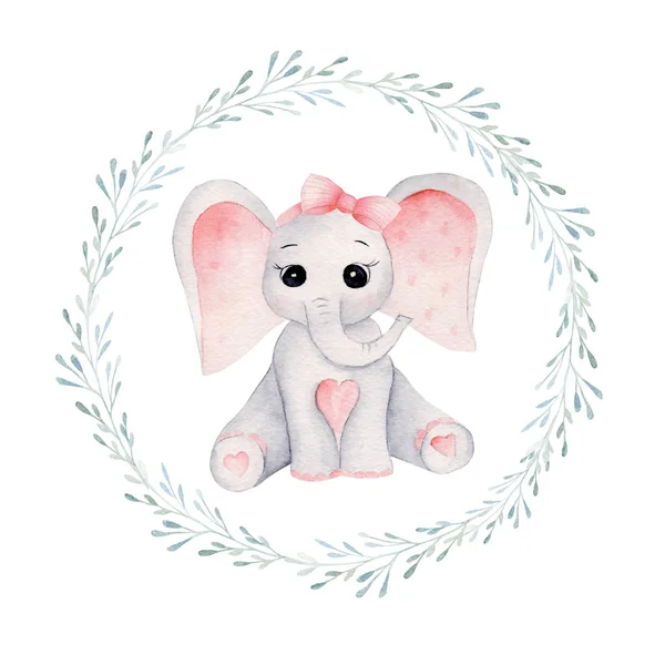 Ternero elefante en marco floral ilustración raster dibujado a mano —  Fotos de Stock