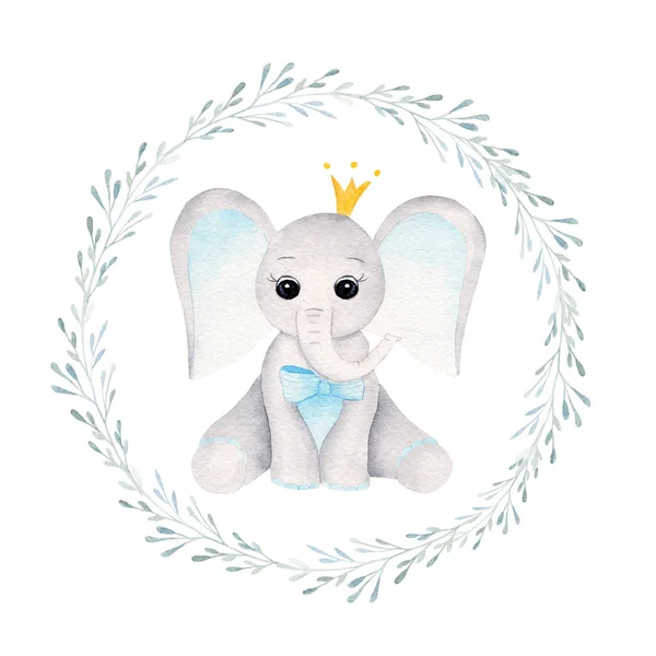 Prince baby olifant in bloemen frame hand getekend raster illustratie — Stockfoto