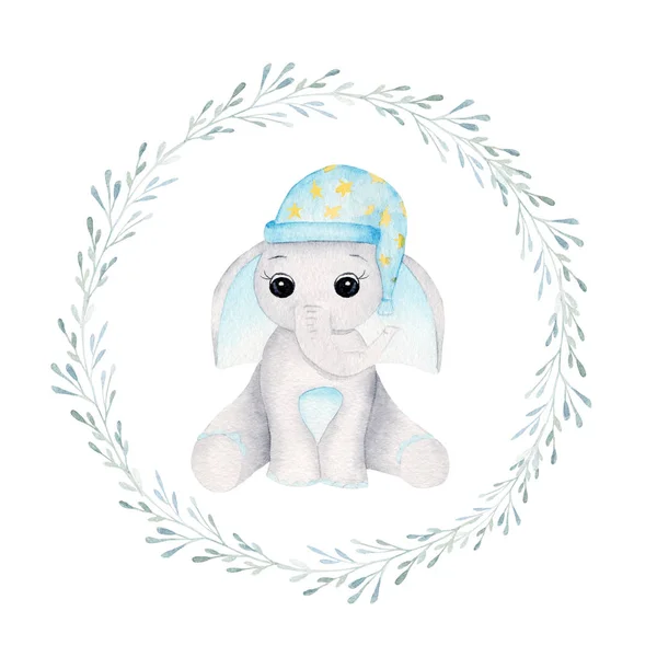 Sleepy baby elephant in floral frame hand drawn raster illustration