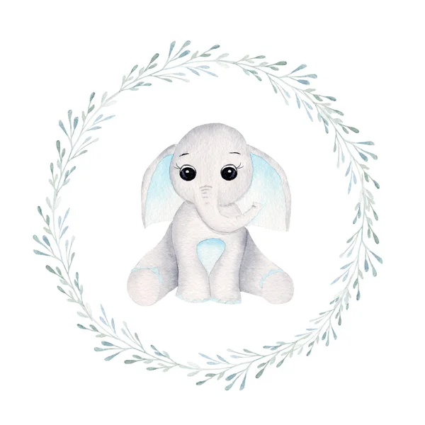 Baby olifant in kruiden frame hand getrokken raster illustratie — Stockfoto
