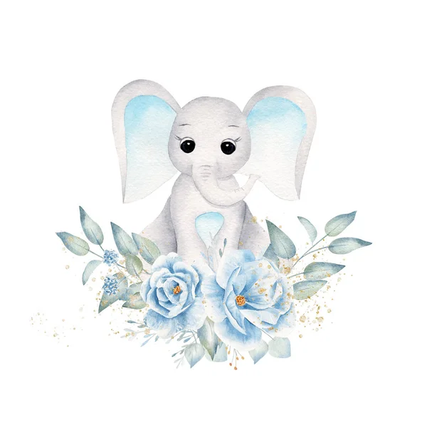 Baby olifant met blauwe bloemen en bladerdek hand getekend raster illustratie — Stockfoto
