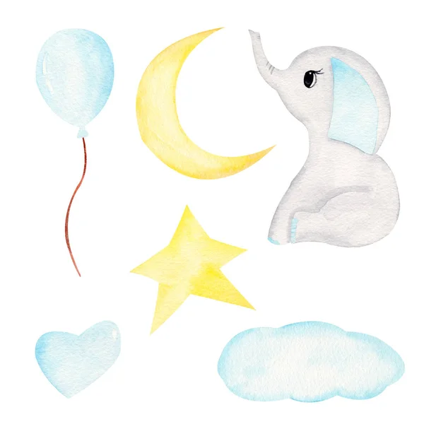 Baby elephant and celestial bodies hand drawn raster illustration