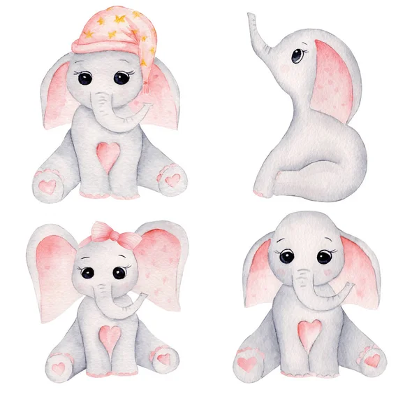 Piccolo elefanti disegnato a mano raster illustrazioni set — Foto Stock