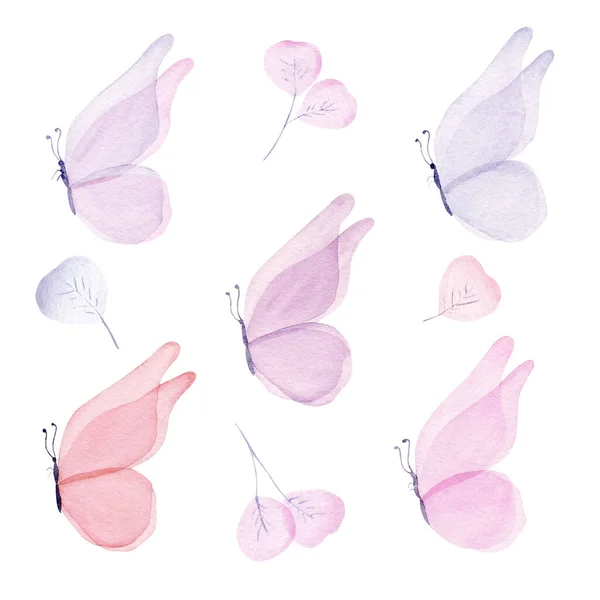 Set farfalla acquerello. Collezione di insetti a molla dipinta a mano isolata su sfondo bianco . — Foto Stock