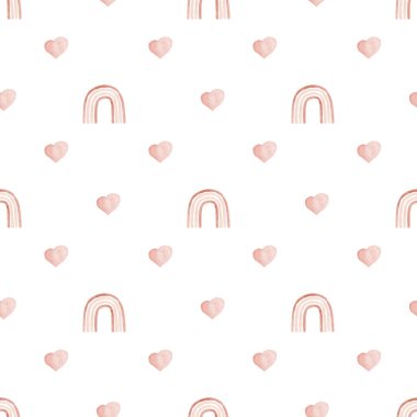 El yapımı gökkuşağı ve kalplerle suluboya kusursuz desen. Bebek kumaşı tekstili, ambalaj kağıdı ve grafikleri için soyut modern arkaplan.