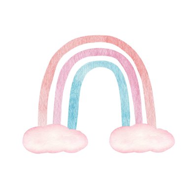 Tatlı pastel renkli suluboya gökkuşağı ve beyaz arka planda izole bulutlar. Çocuk odası sanatı, bebek grafikleri. Moda İskandinav tarzı.