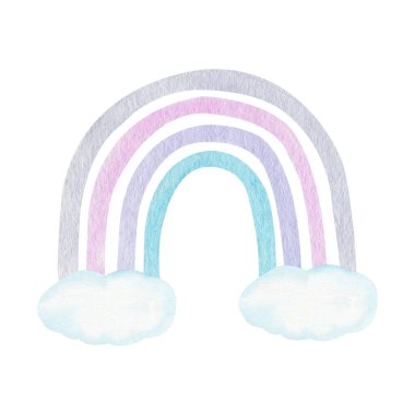 El yapımı suluboya gökkuşağı ve pastel renkli bulutlar. Çağdaş sanat, çocuk odası illüstrasyonu, bebek partisi grafikleri, çocuk duvar sanatı..