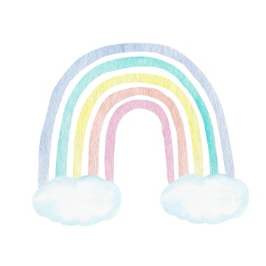 Pastel renkli bulutlar ve gökkuşağı ile suluboya çizimi. Beyaz arka planda el yapımı İskandinav tarzı bir klipte. Çocuk odası sanatı.