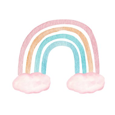 Gökkuşağı ve bulutlar bebek stili suluboya çizimi. Pastel renkte tırman. El yapımı sanat eserleri beyaz arkaplanda izole edildi.