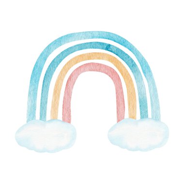 Suluboya renkli gökkuşağı ve beyaz bir zemin üzerinde izole bulutlar. Kreş sanatı, bebek grafikleri moda İskandinav tarzı.