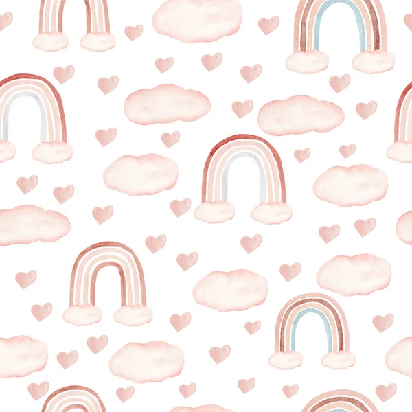 Gökkuşağının kalbinde ve bulutunda renksiz desenler var. Suluboya el çizimi çizimi.