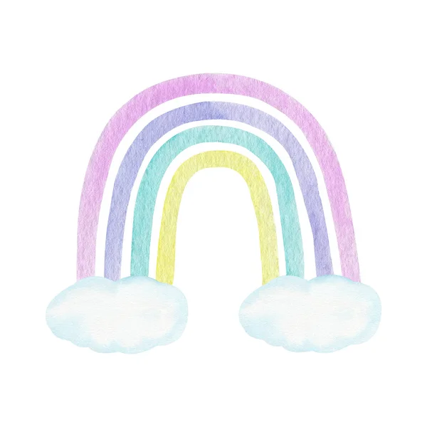 Watercolor rainbow and clouds in pastel color isolated on white background. Childish art illustration clipart in trendy scandinavian style.