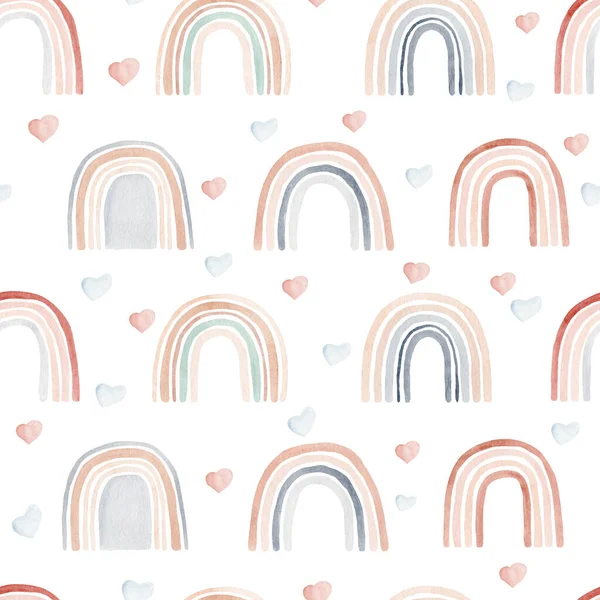 虹と中立色の心を持つ水彩シームレスパターン. ストック画像
