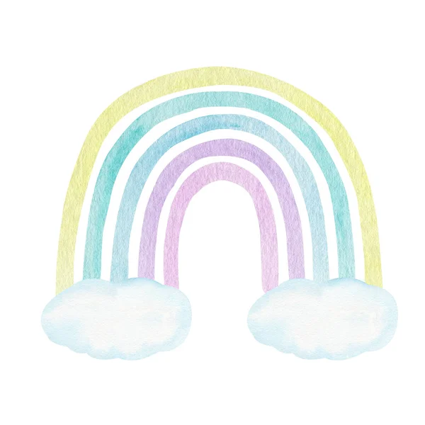 子供のグラフィック水彩虹と雲 手で塗装パステルカラーのBoho虹とClipart 現代美術の装飾 トレンディーなスカンディナヴィアスタイルの保育園アートイラスト ストック写真